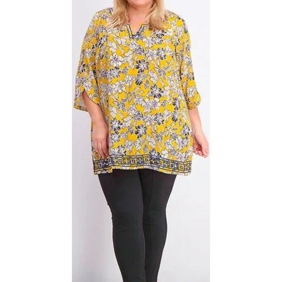 Magnolia Grace Top Women XL Yellow Floral V-Neck Boho Cottage Prairie Peasant - Picture 1 of 12